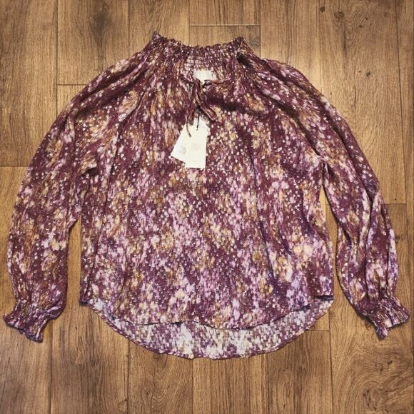7 For All Mankind Silk Blend Metallic Mock Neck With Ties Blouse Size S NWT - Picture 1 of 6